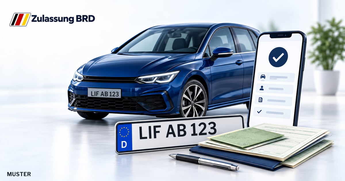 Online Fahrzeugzulassung in Lichtenfels: Musterkennzeichen LIF AB 123, Auto und Fahrzeugpapiere und Smartphone. Illustration mit Logo von Zulassung BRD.
